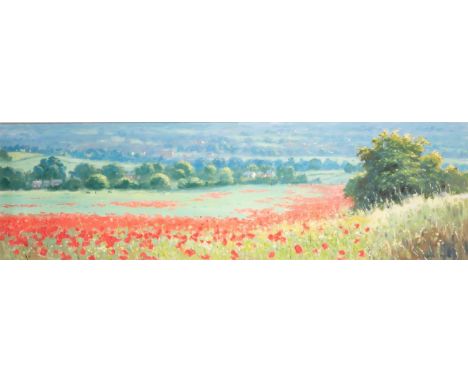 JAMES D. PRESTON (b.1946) OIL ON CANVAS ?View of a Poppy Field? Signed 12? x 40? (30.5cm x 101.6cm) C/R-the canvas feels slig