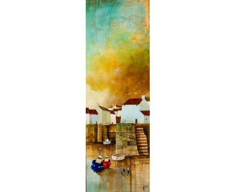 KEITH ATHAY (MODERN) MIXED MEDIA ON CANVAS ?Harbour News I? Signed 47? x 16? (119.4cm x 40.6cm) C/R- image good, the frame wi