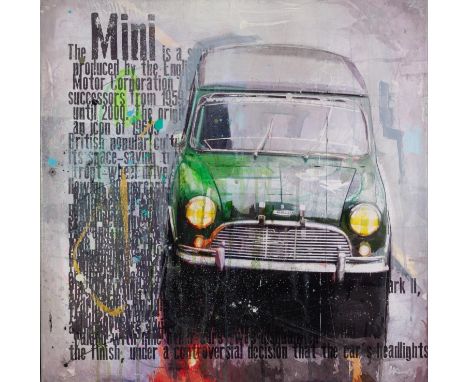 MARKUS HAUB (b.1972) MIXED MEDIA ON CANVAS ?Green Mini? Signed 24? x 24? (61cm x 61cm) C/R- the image with paint loss to the 