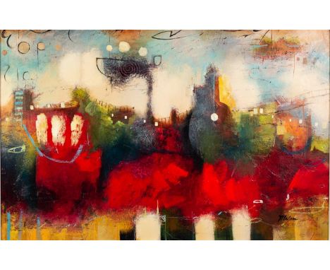 JOHN AND ELLI MILAN (MODERN) MIXED MEDIA ON BOARD ?City Colours II? Signed 24? x 36? (61cm x 91.4cm) C/R- image good, the fra