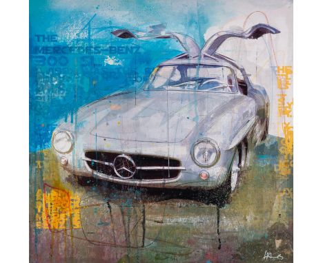 MARKUS HAUB (b.1972) MIXED MEDIA ON CANVAS ?Mercedes Benz 300 SL? Signed 24? x 24? (61cm x 61cm) C/R- paint loss above the im