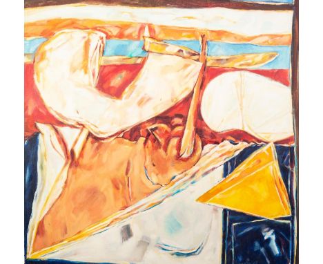 PETER OAKLEY (1935-2007) TWO OIL PAINTINGS ON BOX CANVAS ?Components?, (20)03 29 ½? x 29 ½? (75cm x 75cm) ?Sculpture Room?, (