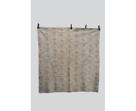 Durham quilt, white printed cotton with all over floral design mostly in pale pinks, English, early 20th century, 81in. X 78i