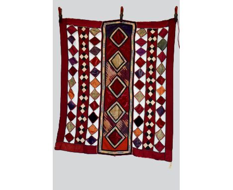 Uzbek silk embroidered, velvet and ikat appliqued camel trapping, Uzbekistan, first half 20th century, 59in. X 49in. 150cm. X