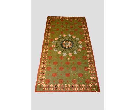 Arraiolos needlework carpet with green field, Portugal, circa 1920s, 12ft. 7in. X 6ft. 4in. 3.84m. X 1.93m. Overall small are