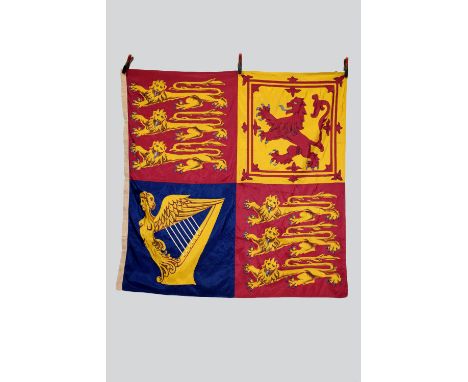 Silk appliqued Royal Standard of the United Kingdom,  72in., 183cm. square with cotton band to one side. Two quadrants appliq