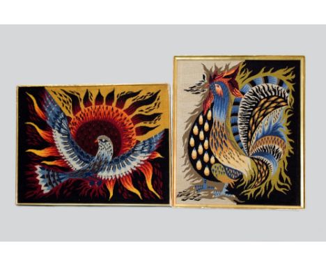 Two French needlework pictures, worked in tent stitch in coloured wools, circa 1950s, one depicting a phoenix, 33in. X 26in. 