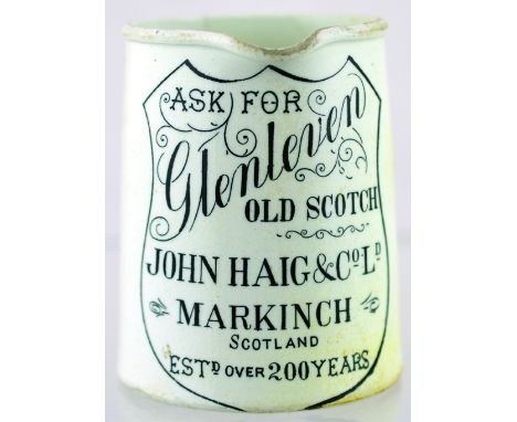 GLENLEVEN PUB JUG. 3.75ins tall, white glaze, black transfer ASK FOR/ GLENLEVEN/ OLD SCOTCH JOHN HAIG & CO LD/ MARKINCH/ SCOT