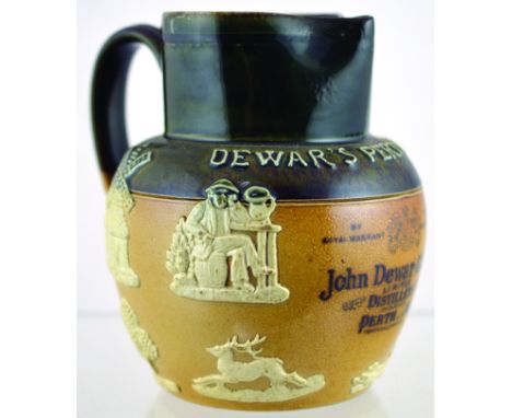 DEWARS PERTH WHISKY PUB JUG. 6.5ins tall, dark brown top, lower tan salt glaze DEWARS PERTH WHISKY in raised lettering to sho