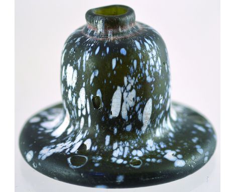 NAILSEA STYLE INKWELL. 2.5ins tall, 3.5ins diam at base. Dark olive green glass with white enamel flecks. Pontil scar to base