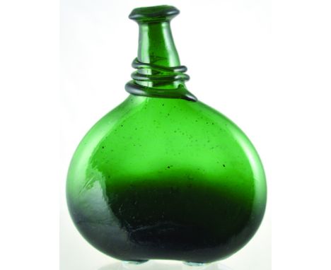 PERSIAN? FLASK. 8.75ins tall, emerald green glass, flattened form flask with glass swirl to neck. Sharpe & prominent pontil s