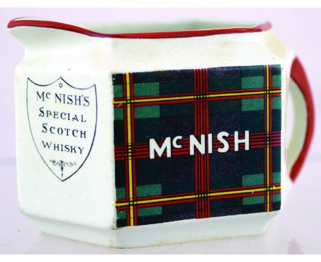 MCNISH PUB JUG. 3.25ins tall, white glaze with Scotch plaid design MCNISHS/ SPECIAL/ SCOTCH/ WHISKY to front MCNISH to sides.