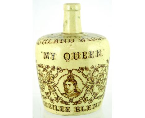 MY QUEEN WHISKY JUG (WG pg 179). 8ins tall, off white glaze, brown transfer THE CREAM OF HIGHLAND WHISKIES to shoulder MY QUE