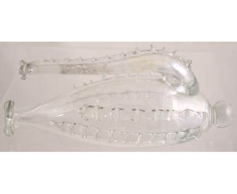 FREEBLOWN GLASS BAROMETER. 8.5ins long in clear glass, decorated with rigaree ribbons to spout & sides. Very good. (9/10) NR