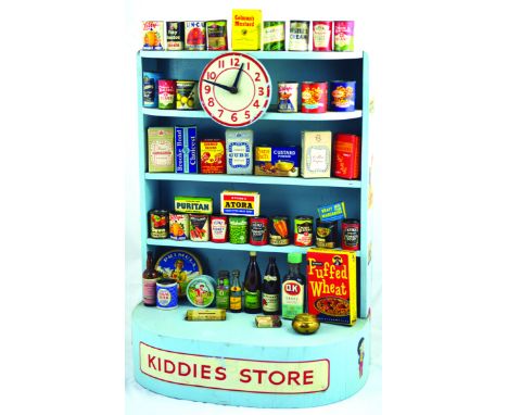 KIDDIES STORE. 18ins tall, 13ins wide, 7.5ins deep, blue wooden stand KIDDIES STORE with clock above. Filled with lots of min