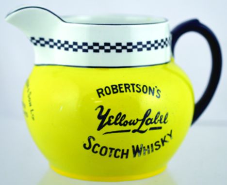 ROBERTSONS PUB JUG. 4.25ins tall, yellow & white glaze, black transfer ROBERTSONS YELLOW LABEL/ SCOTCH WHISKY both sides. JOH