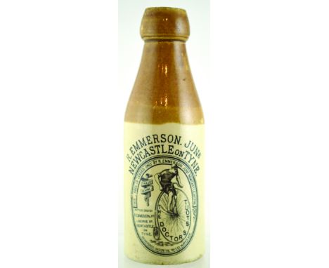 R. EMMERSON DOCTORS STOUT BOTTLE. 8ins tall, R. EMMERSON JUNR/ NEWCASTLE ON TYNE/ THE DOCTORS STOUT man on penny farthing cyc