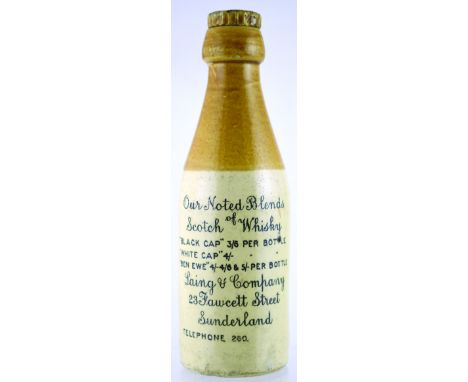 LAING & COMPANY WHISKY BOTTLE. 8ins tall, ch. t.t. black transfer OUR NOTED BLENDS/ OF/ SCOTCH WHISKY/ BLACK CAP 3/6 PER BOTT