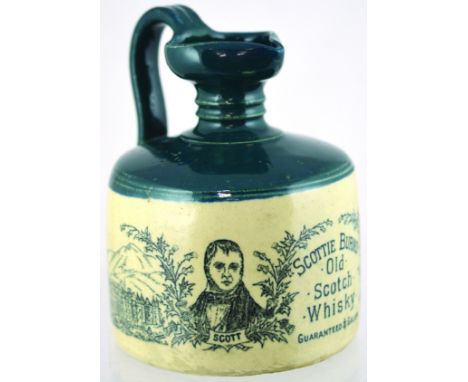 SCOTTIE BURNS WHISKY JUG. (WG pg 130) 7ins tall, turquoisey dark green/ blue top, lower off white glaze. Squat shape pouring 