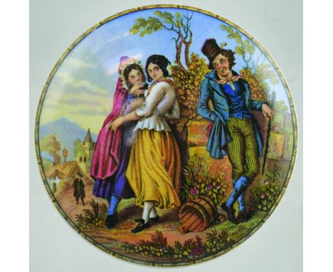 THE IRISHMAN (KM 126). Multicoloured Pratt factory pot lid, 4ins diam, signed J A bottom R. Line & scroll border. Very strong