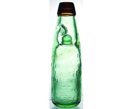 RED/ AMBER LIP CODD BOTTLE. 7.25ins tall, aqua glass standard codd bottle with red/ amber lip. Embossed THIS BOTTLE IS/ THE P