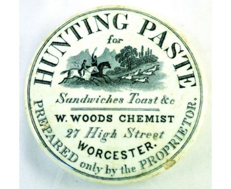 HUNTING PASTE POT LID. 3.25ins diam, HUNTING PASTE/ FOR SANDWICHES TOAST & C/ W. WOODS CHEMIST/ 27 HIGH STREET/ WORCESTER. As