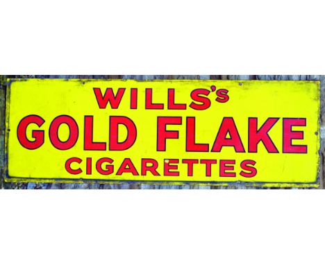 WILLS S ENAMEL SIGN. 36 by 12ins, WILLS S/ GOLD FLAKE/ CIGARETTES red & black lettering on yellow background. Minor outer edg