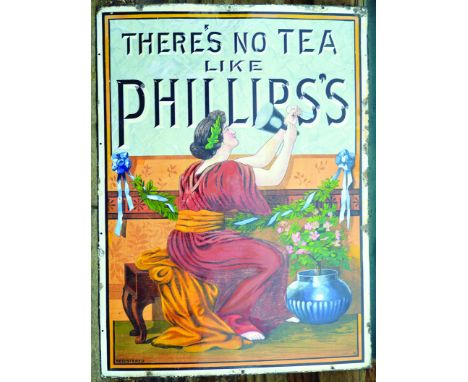 PHILLIPS TEA ENAMEL SIGN. 36 by 48ins, multicoloured enamel sign depicting calssically robed Grecian lady carving letters int