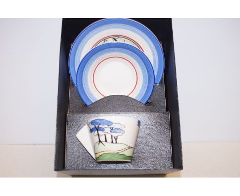 Clarice Cliff by Wedgwood conical tea cup, saucer &amp; plate blue firs with coa &amp; box