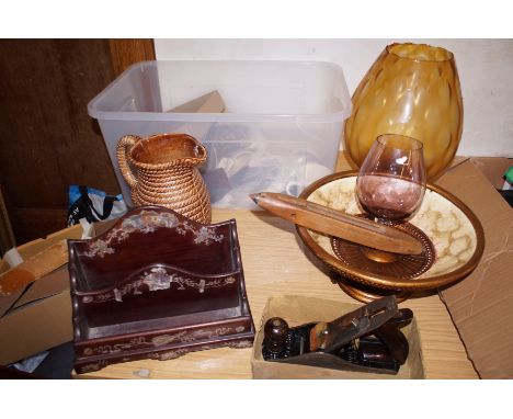 Miscellaneous selection to include a mother of pearl inlaid letter rack &amp; a vintage Stanley plane 