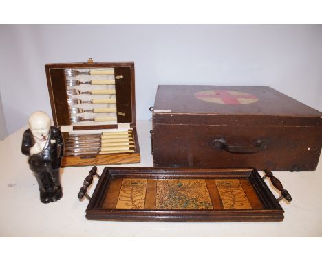 Early first aid box, set of fish knives &amp; forks, art nouveau serving tray &amp; a carved model of Winston Churchill 