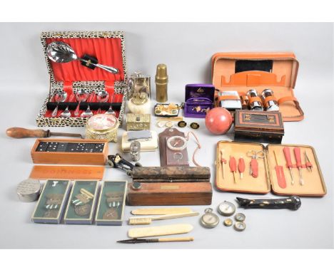 A Collection of Various Mid 20th Century Curios to include Spoon Set, Cash Tin, Hip Flask, Cricket Ball, Cuff Links, Dominoes