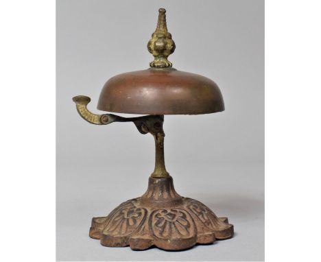A Vintage Copper Counter or Reception Bell with Cast Iron Stand, Working, 11.5cms High 