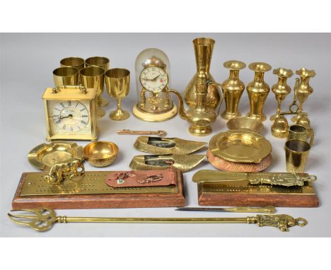 A Collection of Various Brasswares to Comprise Cribbage Board, Ewer, Vases, Pillar Clock 