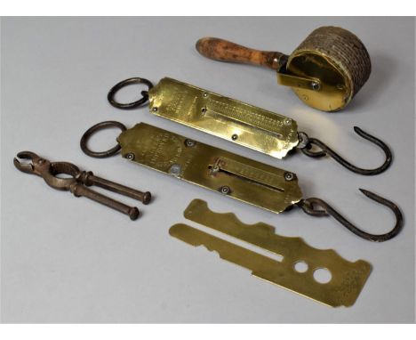 A Collection of Vintage Brass Spring Balances, Button Cleaning Guard, Nut Crackers, Crimping Roller Etc 