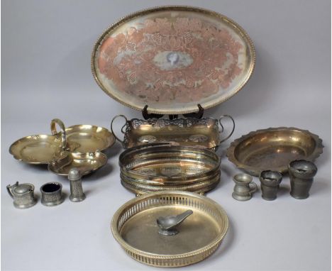 A Collection of Various Silver Plated and Pewter Items to Comprise Trefoil Dish, Galleried Tray, Basket, Pewter Bud Vases, Pi