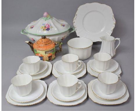 A Collection of Various Ceramics to Comprise Gilt and White Tea Set, Beswick Cottage Teapot and a Lidded Two Handled Tureen b