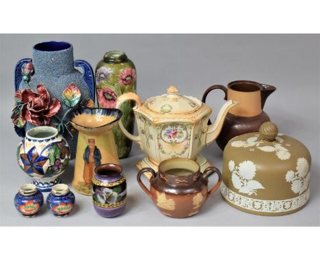 A Collection of Various Continental and English Ceramics to Comprise Encrusted Twin handled Vases, green Glazed Tube Lined Co