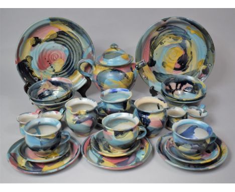 A Studio Pottery Multi Coloured Mottled Glazed Breakfast Set to Comprise Plates, Saucers, Side Plates, Cups Coffee Cans, Teap