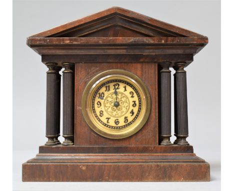 A Edwardian Oak Small Mantel Clock of Architectural Form, 15cms Wide 