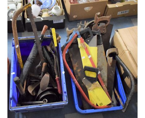 Two Boxes Containing Various Bushman and Woodworking Saws, Shoe Last, Tools Etc 