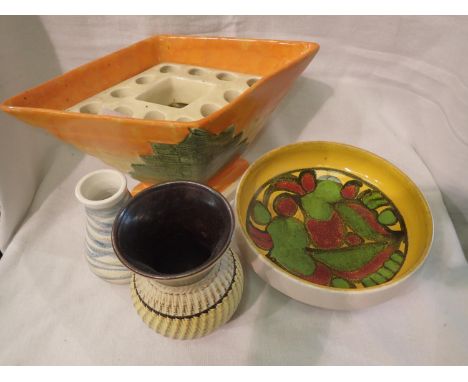 Art Deco orange Myott flower bowl Poole dish and two wash bowls. Not available for in-house P&amp;P, contact Paul O'Hea at Ma