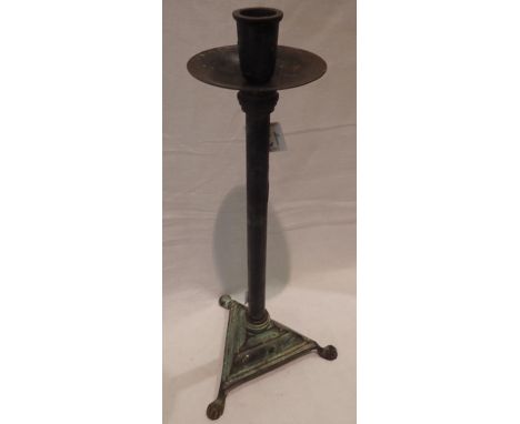 Antique copper tripod candlestick, H: 40 cm. Not available for in-house P&amp;P, contact Paul O'Hea at Mailboxes on 01925 659