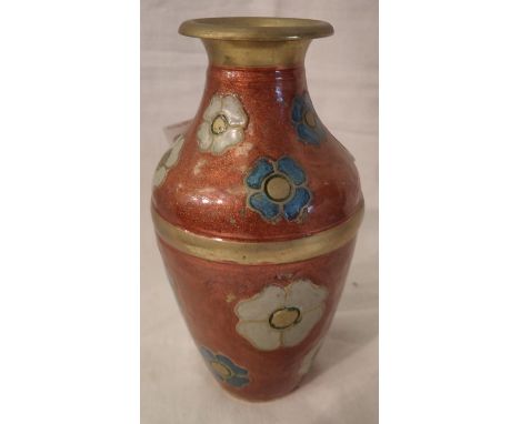 Vintage Oriental enamelled brass vase, H: 15 cm. Not available for in-house P&amp;P, contact Paul O'Hea at Mailboxes on 01925
