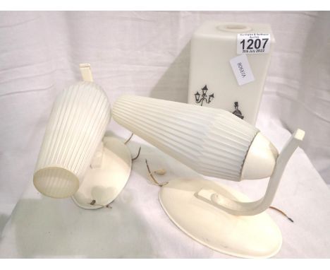 Pair of 1960s fluted glass and metal wall lamps and a period glass light shade. Not available for in-house P&amp;P, contact P