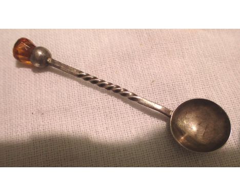 Hallmarked silver condiment spoon mounted with a citrine finial, Birmingham assay, 3.3g. P&amp;P Group 1 (£14+VAT for the fir