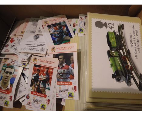 Box of vintage Wigan rugby league cards, postcards and PDQ cards. Not available for in-house P&amp;P, contact Paul O'Hea at M