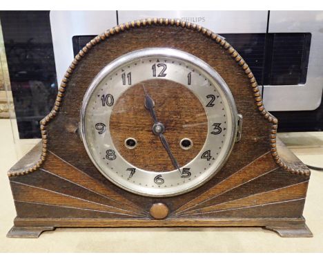 Oak cased Art Deco chiming mantel clock, lacking pendel. Not available for in-house P&amp;P, contact Paul O'Hea at Mailboxes 