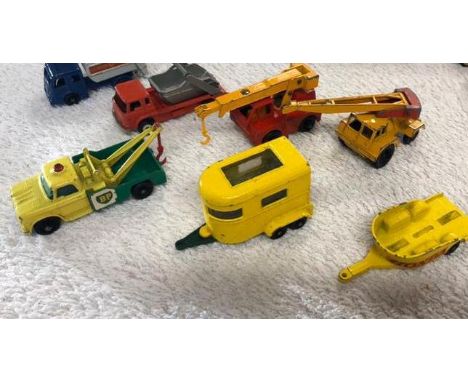 Mixed lot of 7 items. Dinky Lorrys consisting of 2 cranes, BP tow truck,bin lorry, skip lorry, horsebox&nbsp;and horsebox whe