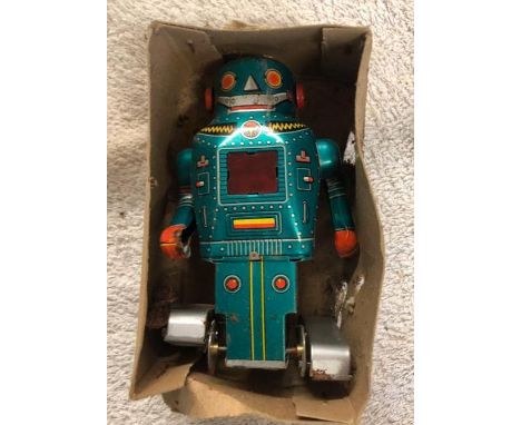 1960s Japanese tin plate automaton robot with spark. Good working&nbsp;condition, original box in poor condition.